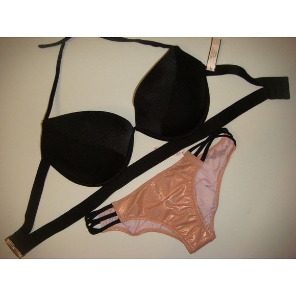 NWT Victoria's Secret banded 34DD BIKINI S strappy blush pink gold foil BLACK